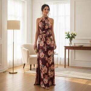 Adrianna Papell Floral Halter Gown, burgundy base– Size 12, NWT, Back Zip